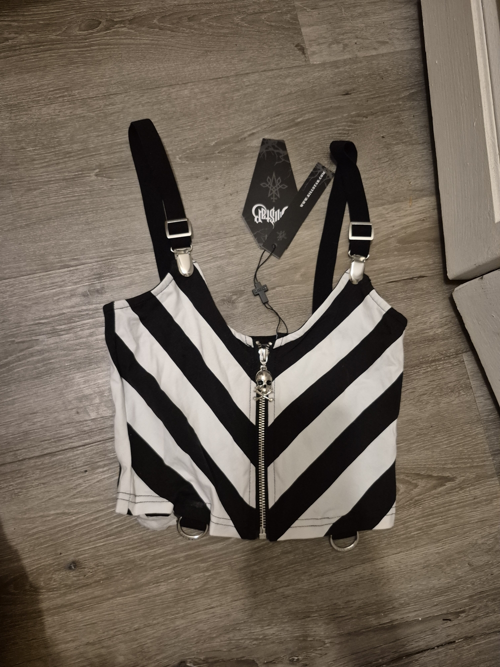 Killstar Black & White Diagonal Stripe Zip Crop Top